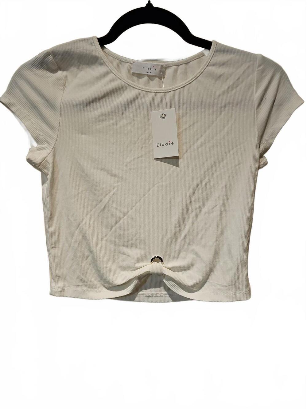 Elodie Women White Ribbed Knit ORing Front Knot Crop Top Short Sleeve Size M NEW